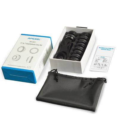 Kit Lentes Apexel 11 em 1 - Wide Fisheye Macro Filtros CPL ND Star iPhone Xiaomi