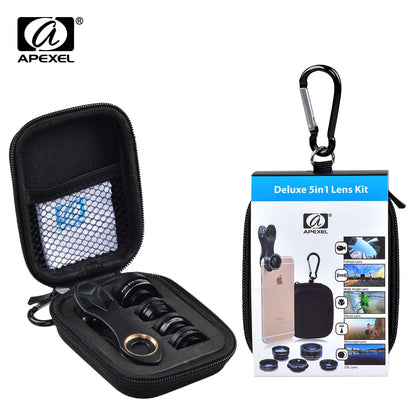 Kit Lentes Apexel 5 em 1 HD - Fisheye Wide 0.63x Macro 15x Telefoto 2x CPL iPhone Samsung