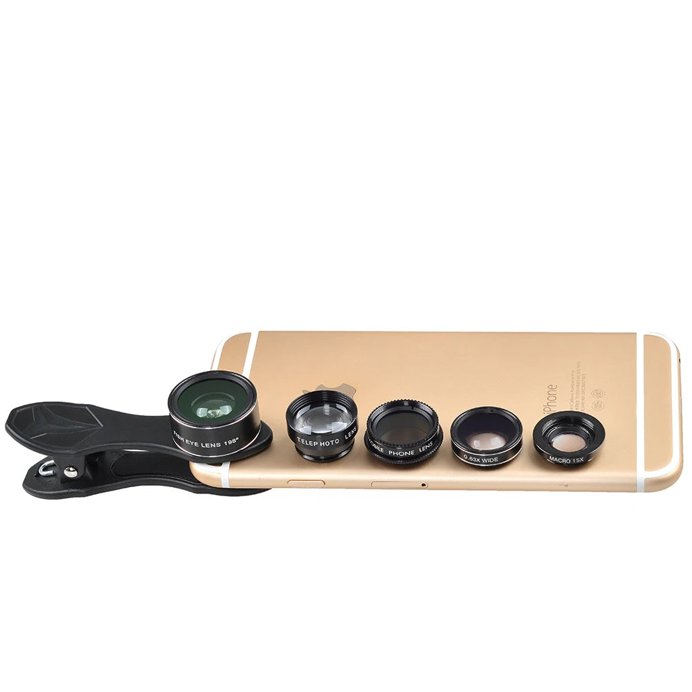 Kit Lentes Apexel 5 em 1 HD - Fisheye Wide 0.63x Macro 15x Telefoto 2x CPL iPhone Samsung