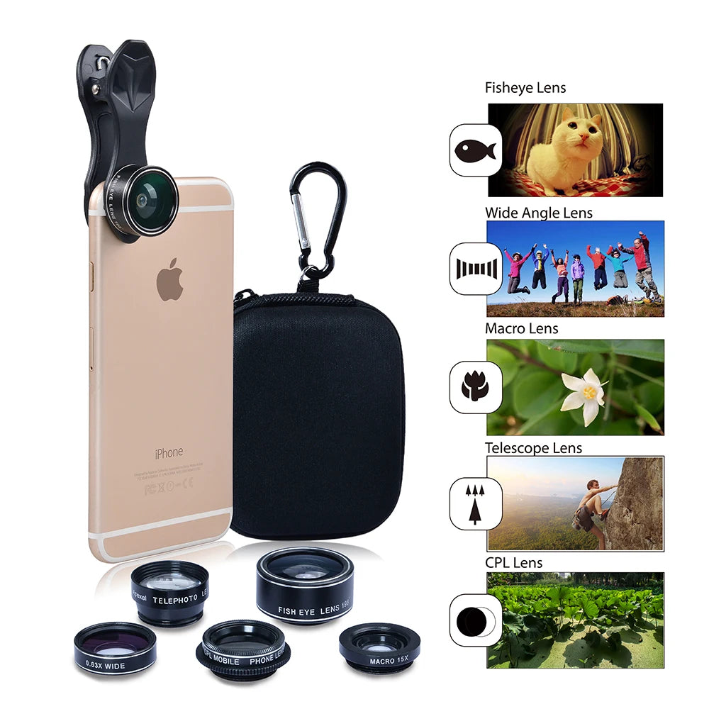 Kit Lentes Apexel 5 em 1 HD - Fisheye Wide 0.63x Macro 15x Telefoto 2x CPL iPhone Samsung
