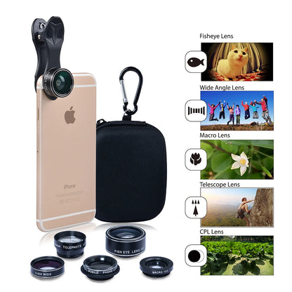 Kit Lentes Apexel 5 em 1 HD - Fisheye Wide 0.63x Macro 15x Telefoto 2x CPL iPhone Samsung