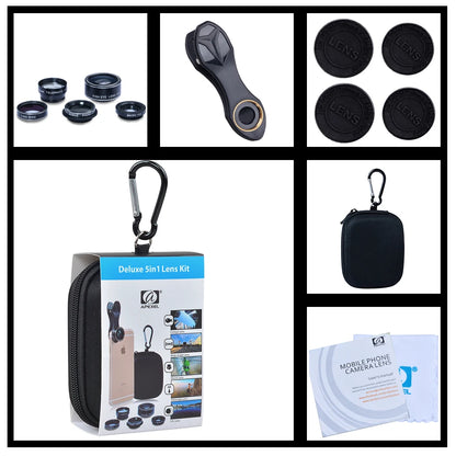 Kit Lentes Apexel 5 em 1 HD - Fisheye Wide 0.63x Macro 15x Telefoto 2x CPL iPhone Samsung