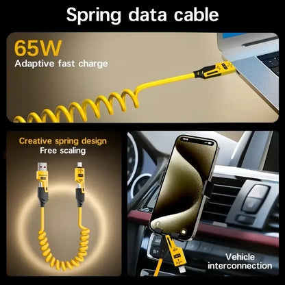 65W 4-in-1 Telescopic Spring Cable - Short Retractable USB-C for iPhone 15, 14, 13, and 12 (Universal)