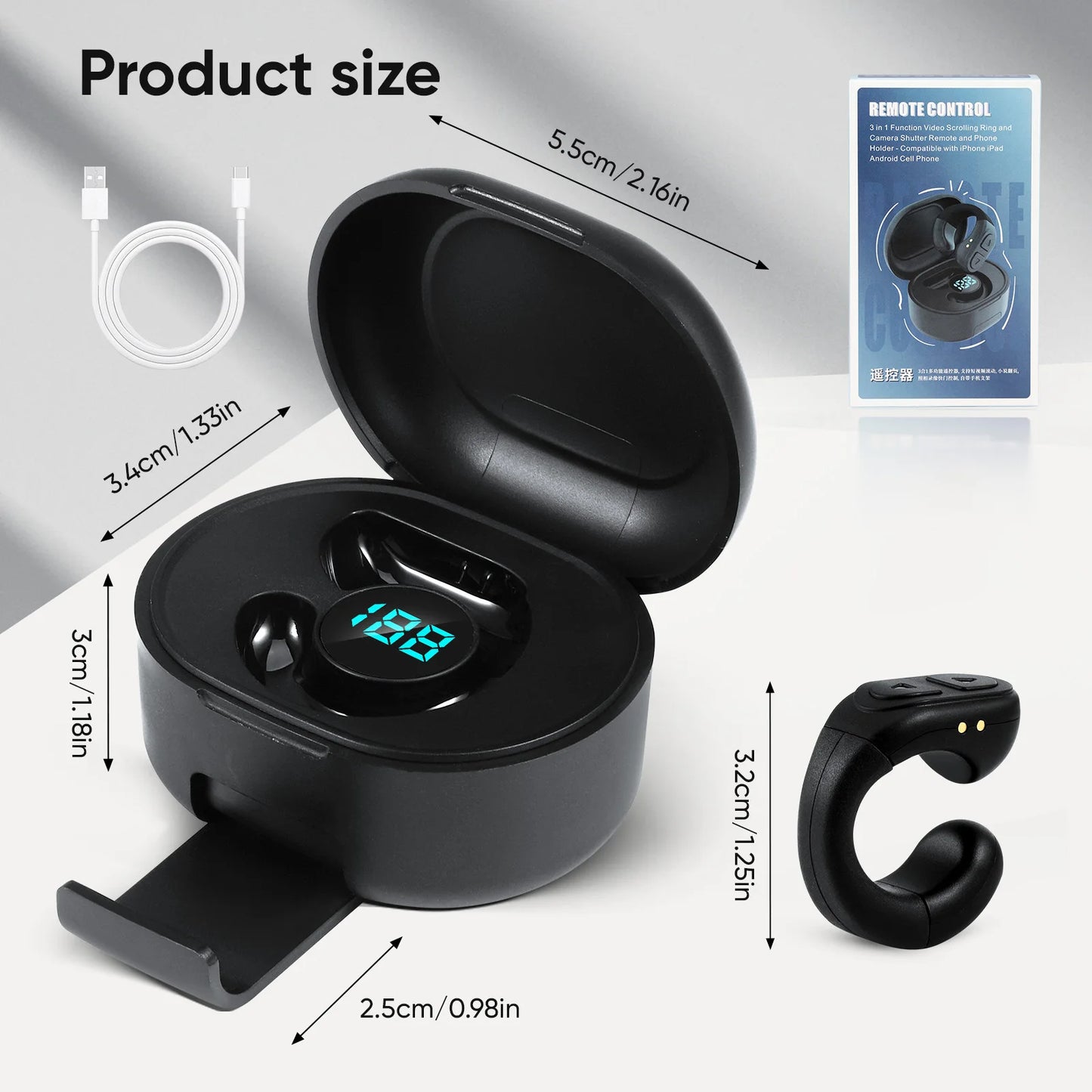 Anel Controlo Remoto Bluetooth 60h - Page Turner Selfie Obturador Câmera Portátil Universal