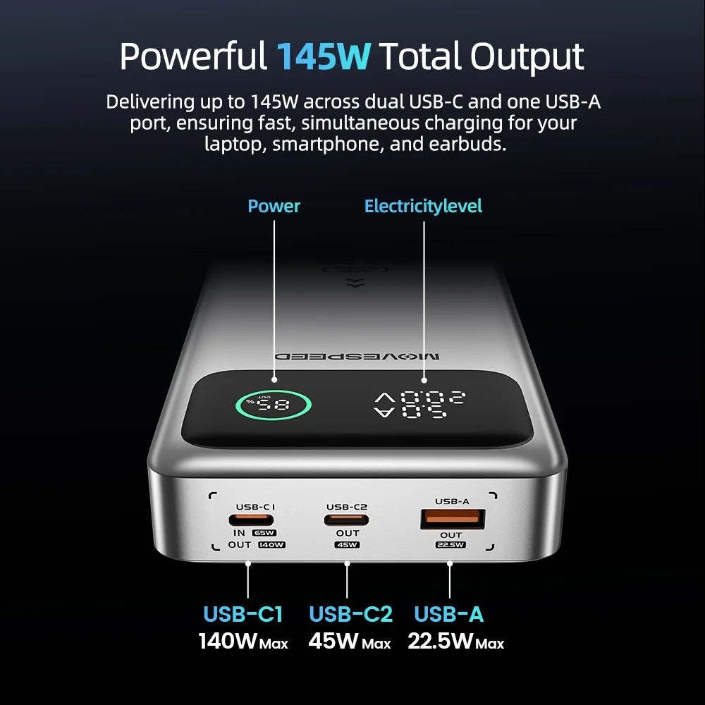 Power Bank Movespeed M25 Pro 140W 25000mAh - Carregamento Rápido Portátil MacBook Lenovo 100W