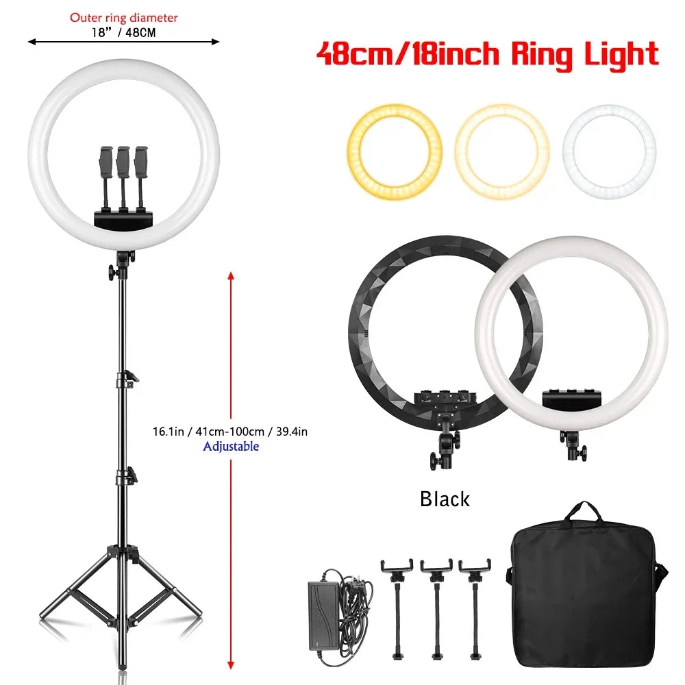 Luz anel SH com suporte para tripé, carga USB, lâmpada LED, regulável, fotografia, estúdio, 18 Polegada, 45cm