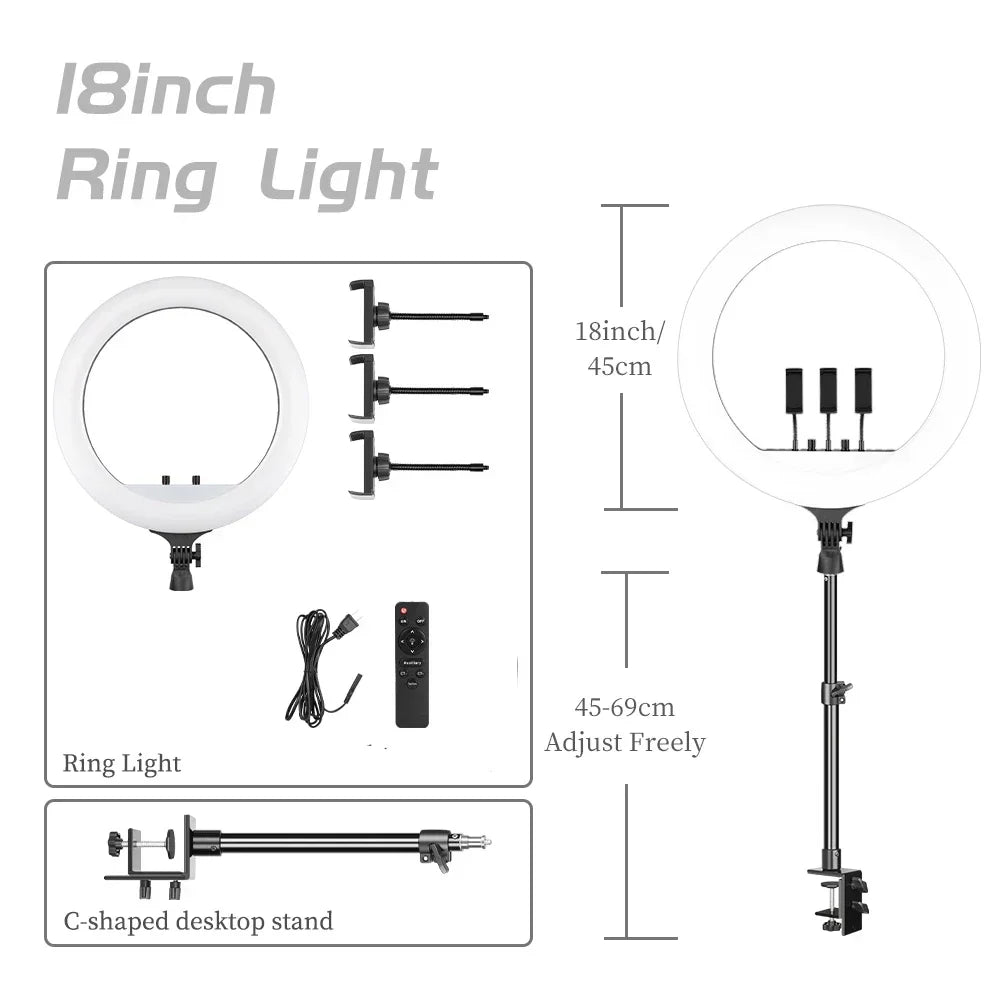 Luz anel SH com suporte para tripé, carga USB, lâmpada LED, regulável, fotografia, estúdio, 18 Polegada, 45cm