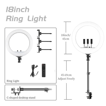 Luz anel SH com suporte para tripé, carga USB, lâmpada LED, regulável, fotografia, estúdio, 18 Polegada, 45cm