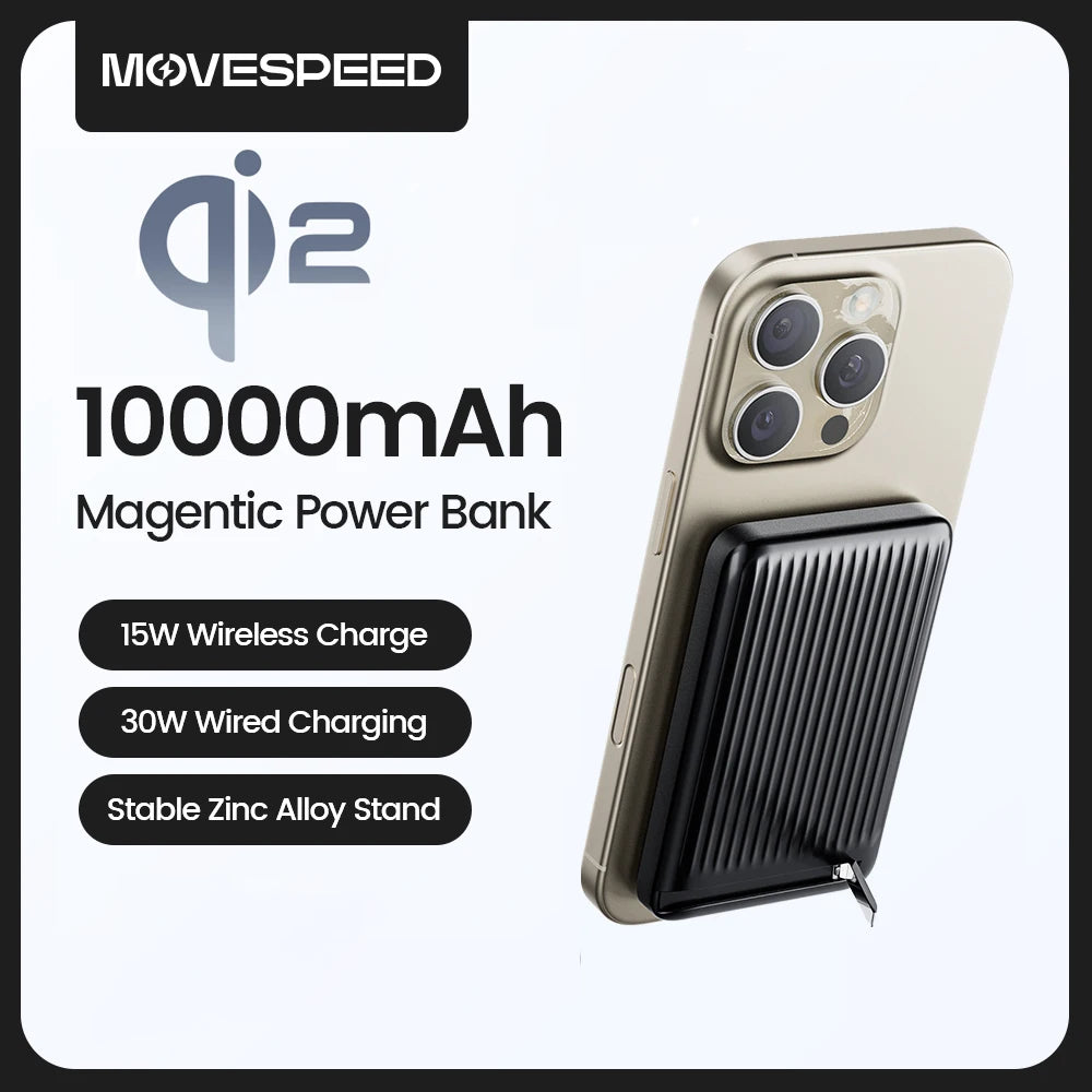 Power Bank Magnético Movespeed P03 Qi2 10000mAh com Suporte - 30W 15W Sem Fios MagSafe iPhone