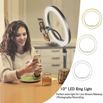 10" LED Ring Light with 2m Tripod - Selfie Ring Light with Remote Control, Bicolor, 3200K-5600K, YouTube