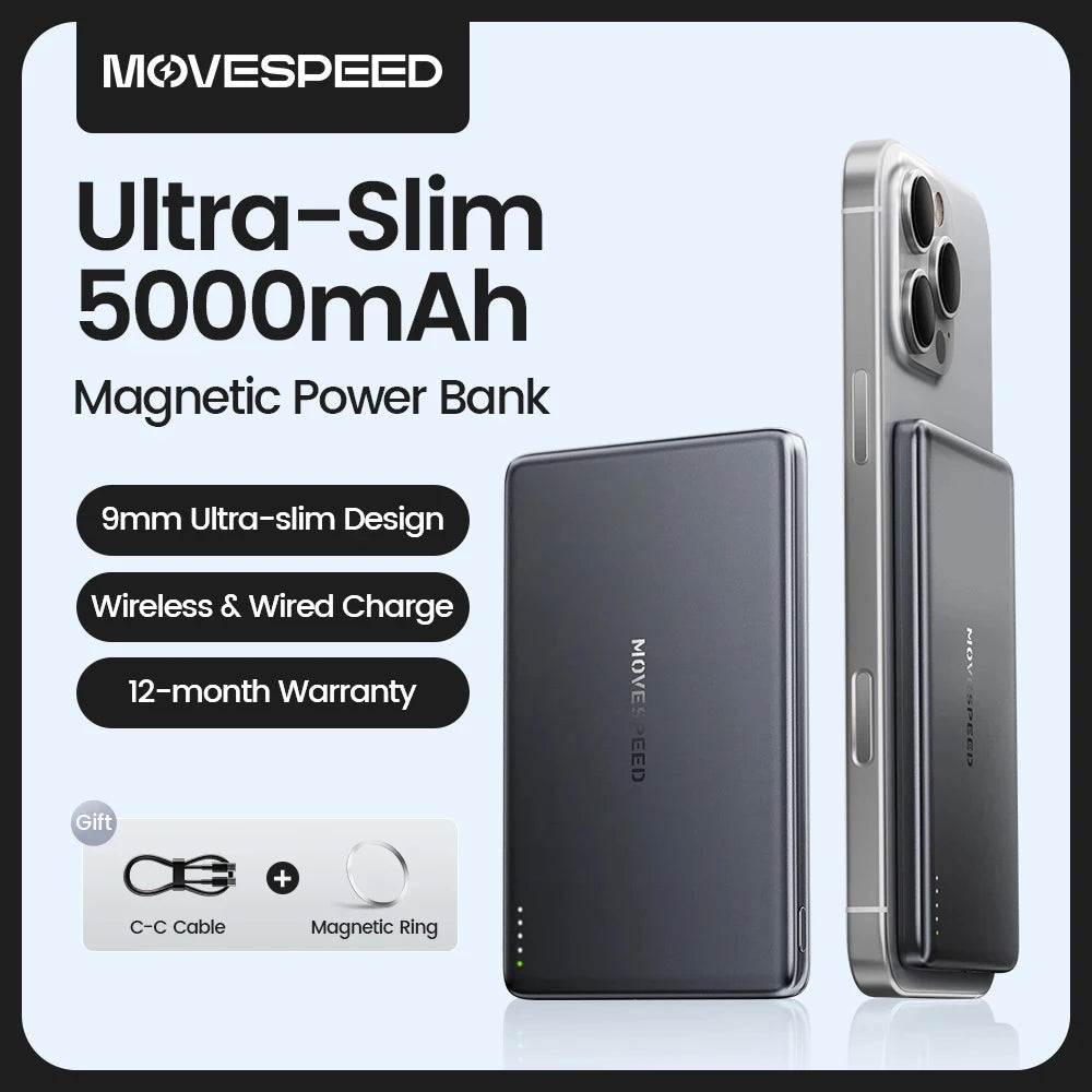 Movespeed s05 banco de potência magnético 5000mah bateria externa sem fio fina para magsafe powerbank para iphone 16 15 14 13 samsung 24