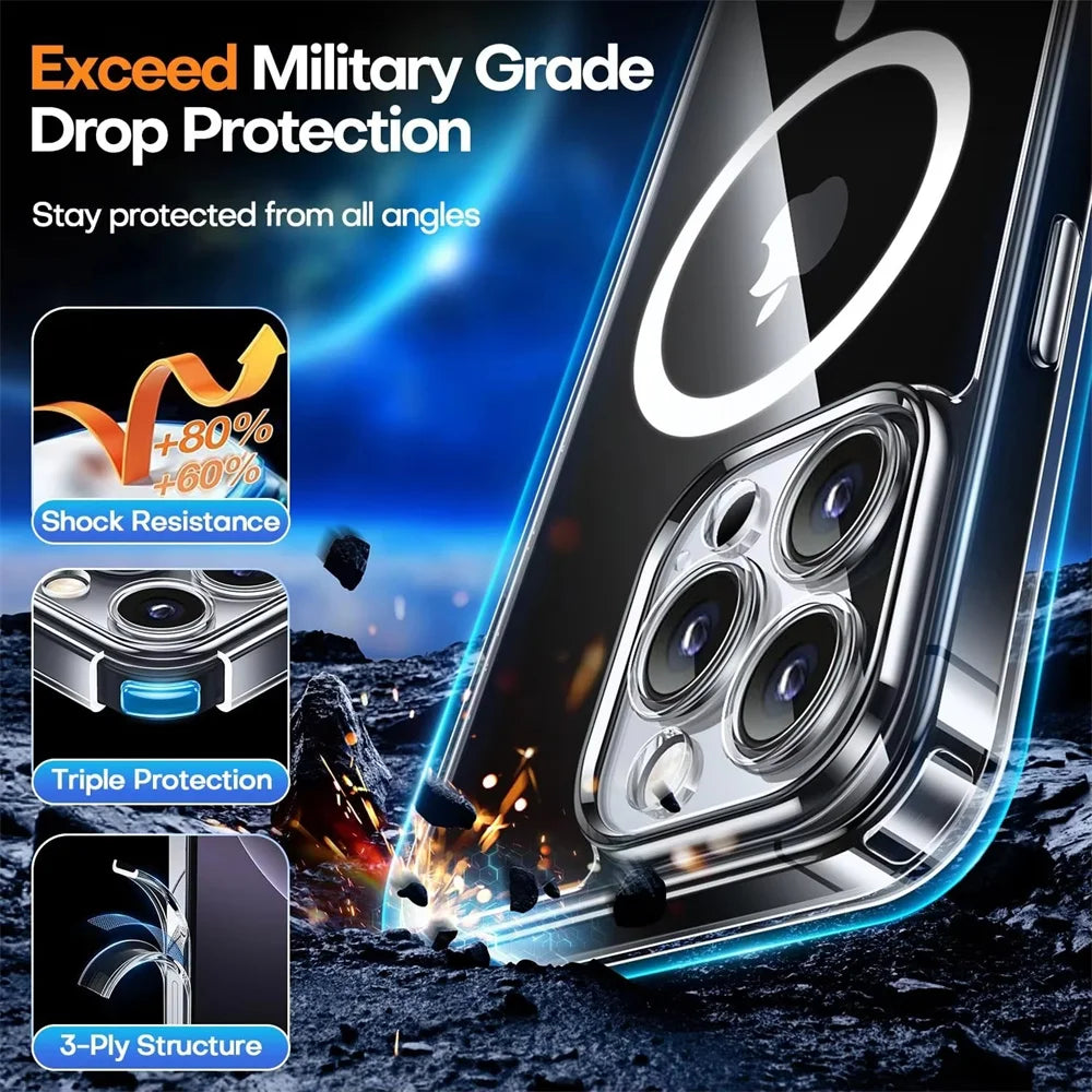 Clear MagSafe Case for iPhone 16, 15, 14, 13, 12, 11 Pro Max - Magnetic Camera Protection