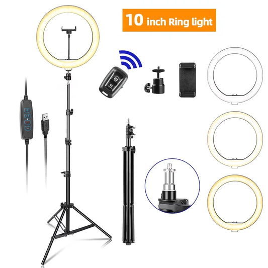 Ring Light LED 10" com Tripé 2m - Anel Luz Selfie Controlo Remoto Bicolor 3200K-5600K YouTube
