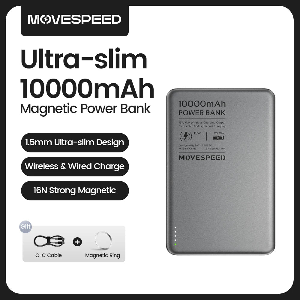 Power Bank Magnético Movespeed S10 Fino 10000mAh - PD 20W Sem Fios 15W iPhone Samsung Portátil