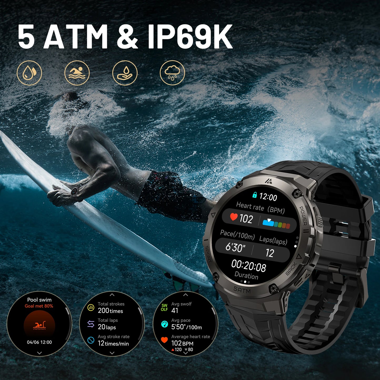 Didamel T3E Smartwatch Militar GPS AMOLED 1.43" - Bússola Altímetro 5ATM IP69K Aço Inoxidável 470mAh