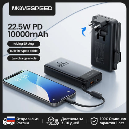 Power Bank Movespeed MSP17 10000mAh 22.5W 2 em 1 - Carregador Parede Plugue UE Dobrável Portátil