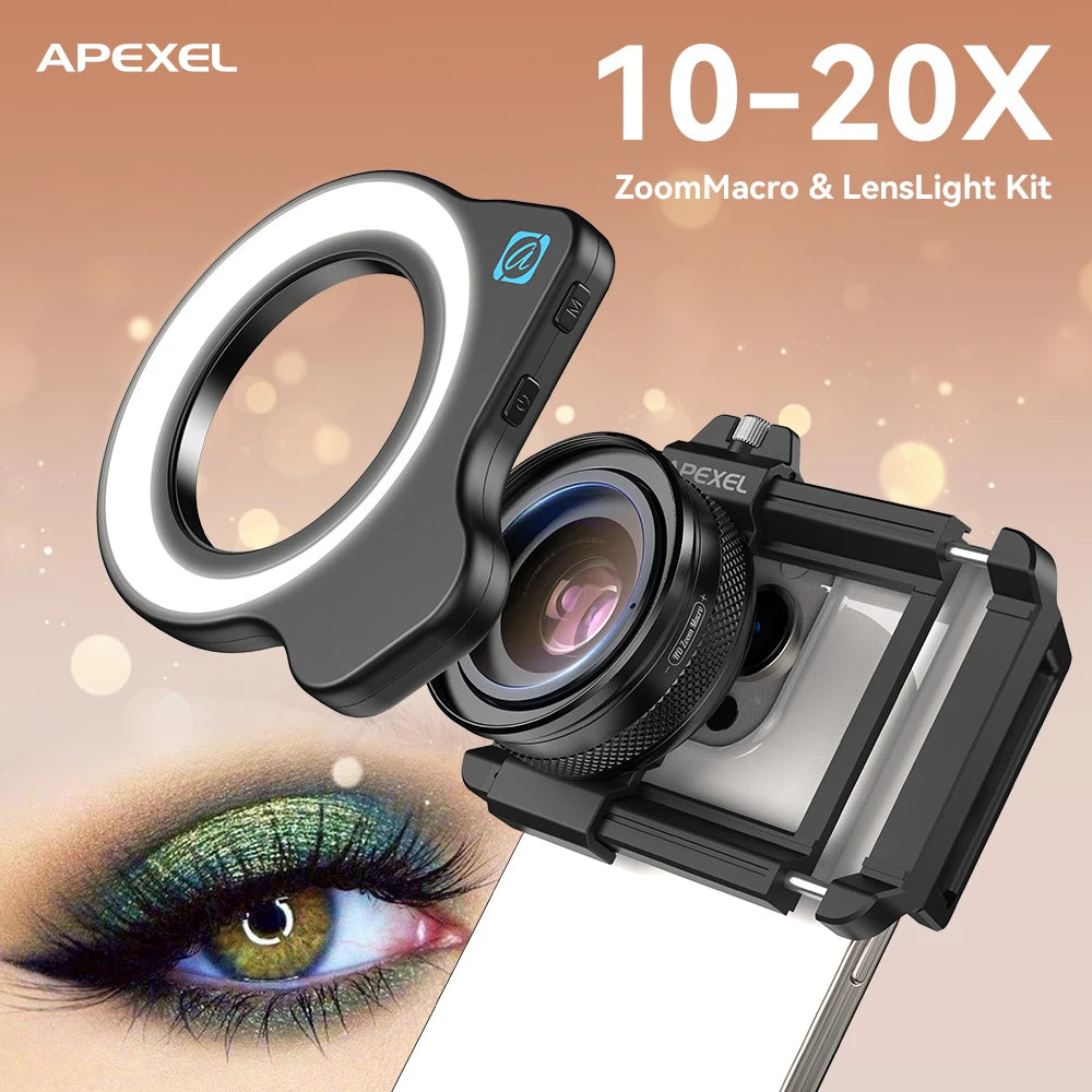 Lente Macro Apexel 10-20x Zoom LED - HD Micro Lentes iPhone Samsung Universal