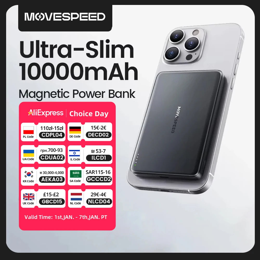 Power Bank Magnético Movespeed S10 Fino 10000mAh - PD 20W Sem Fios 15W iPhone Samsung Portátil