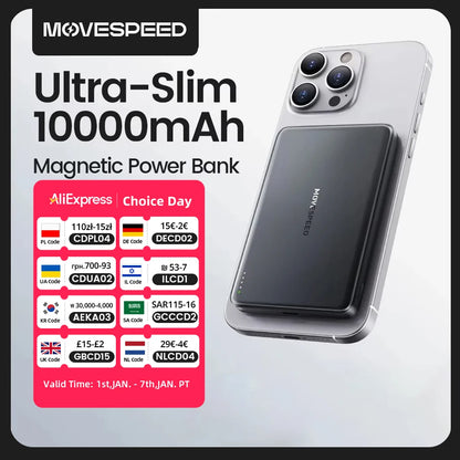 Power Bank Magnético Movespeed S10 Fino 10000mAh - PD 20W Sem Fios 15W iPhone Samsung Portátil