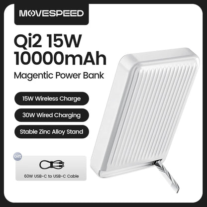 Power Bank Magnético Movespeed P03 Qi2 10000mAh com Suporte - 30W 15W Sem Fios MagSafe iPhone