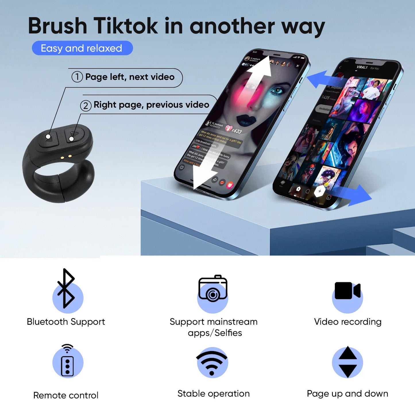 Anel Controlo Remoto Bluetooth 60h - Obturador Câmera Page Turner Portátil Dedo Universal