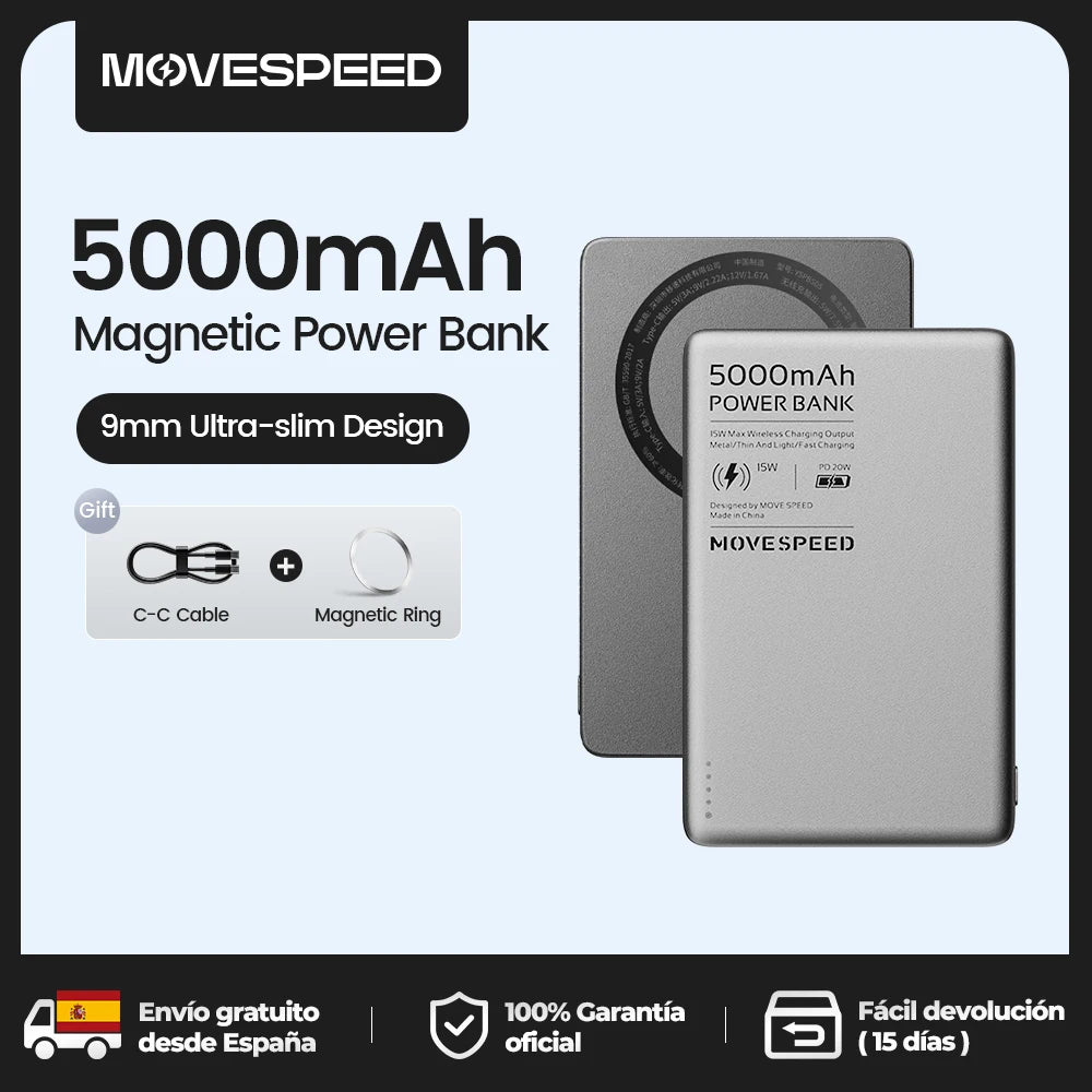 Power Bank Magnético Movespeed S05 5000mAh - Carregamento Sem Fios 20W PD Mini Portátil iPhone