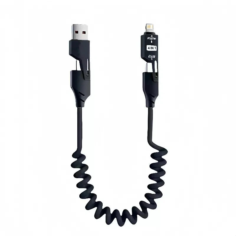 65W 4-in-1 Telescopic Spring Cable - Short Retractable USB-C for iPhone 15, 14, 13, and 12 (Universal)