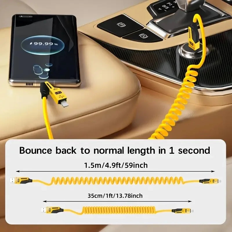 65W 4-in-1 Telescopic Spring Cable - Short Retractable USB-C for iPhone 15, 14, 13, and 12 (Universal)