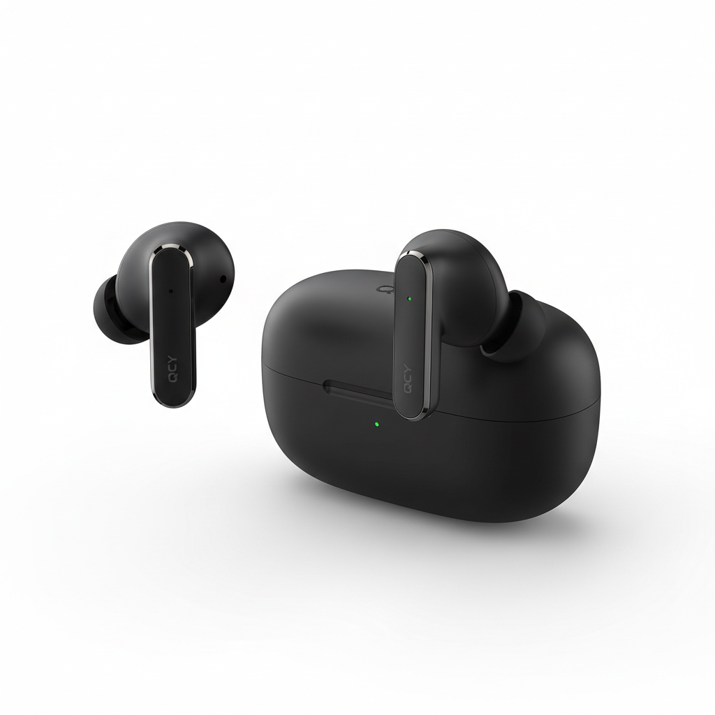 QCY HT05 ANC wireless earbuds with charging case - premium studio shot