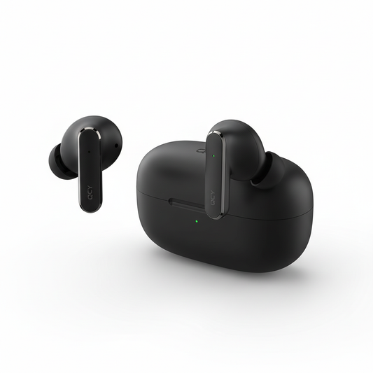 QCY HT05 ANC wireless earbuds with charging case - premium studio shot