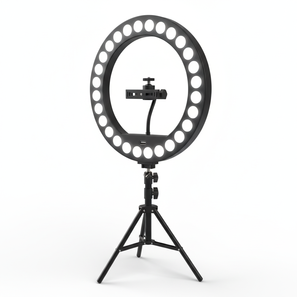 Luz anel LED 45cm preta com suporte tripé ajustável para fotografia profissional