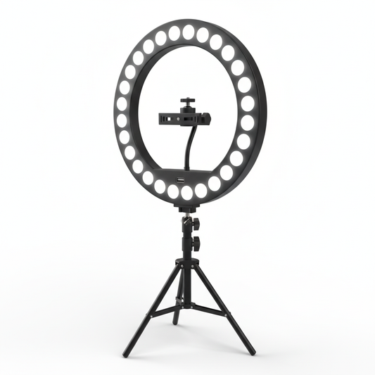 Luz anel LED 45cm preta com suporte tripé ajustável para fotografia profissional