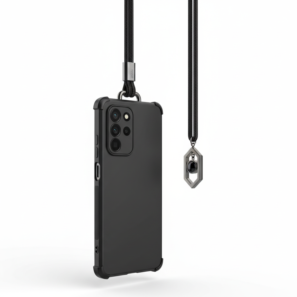 Capa preta com corda suspensa e pingente anti-choque para Xiaomi Redmi Note 14 Pro 5G