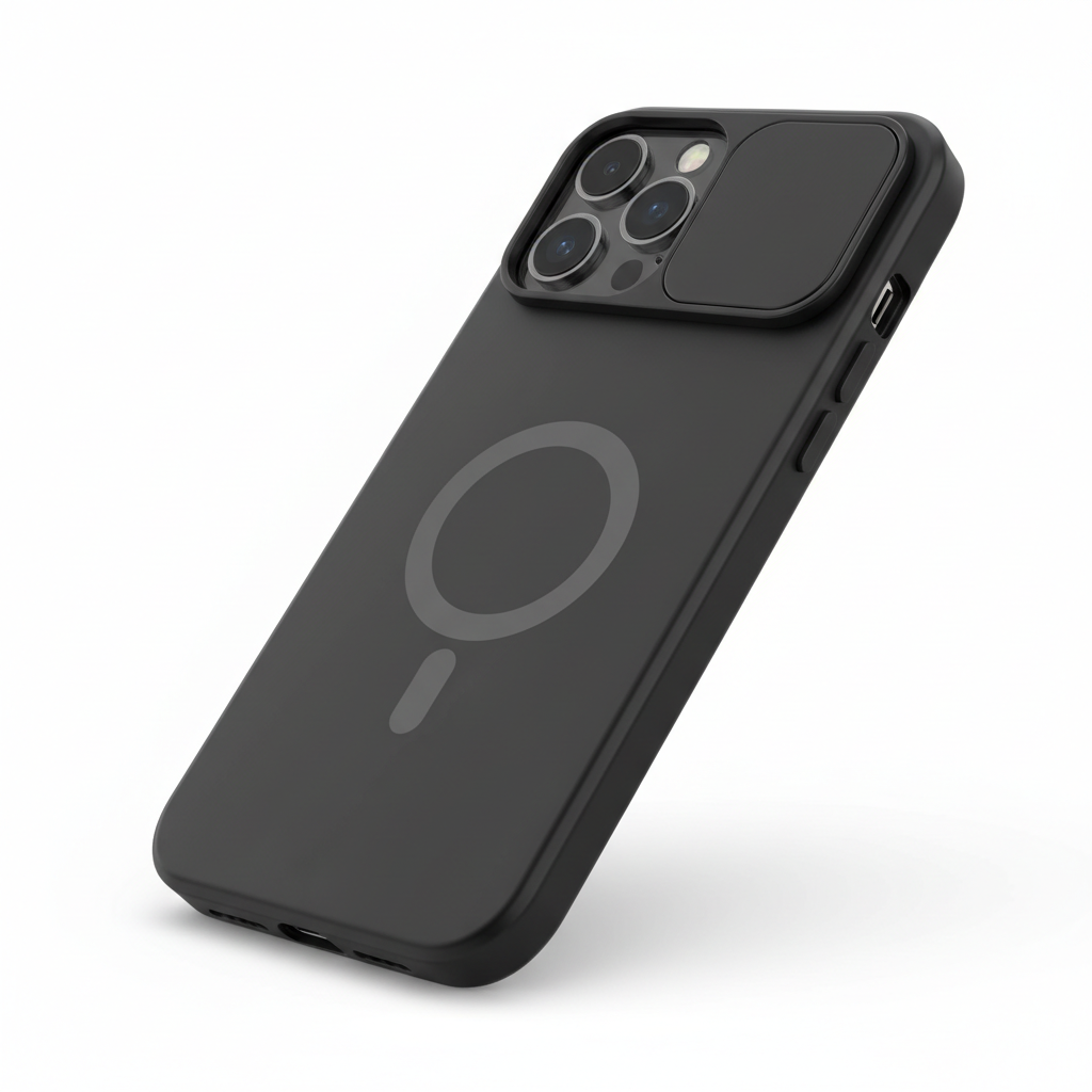 Capa magnética preta para iPhone com protetor de câmera MagSafe - fotografia premium