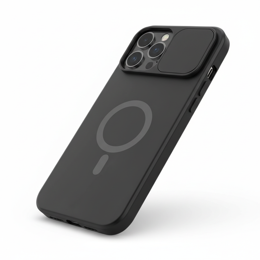 Capa magnética preta para iPhone com protetor de câmera MagSafe - fotografia premium