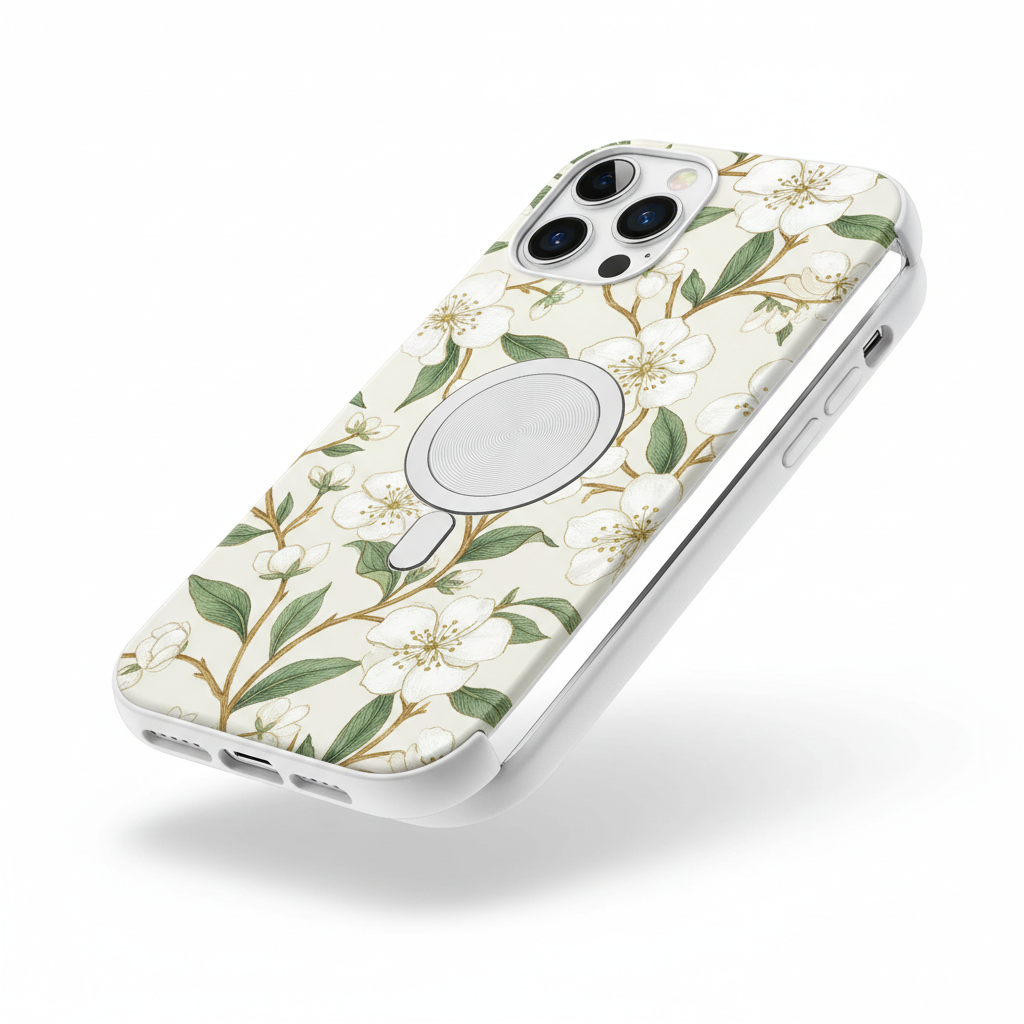 Capa magnética 2 em 1 branca padrão floral para iPhone 11 12 13 14 15 16 Pro Max MagSafe
