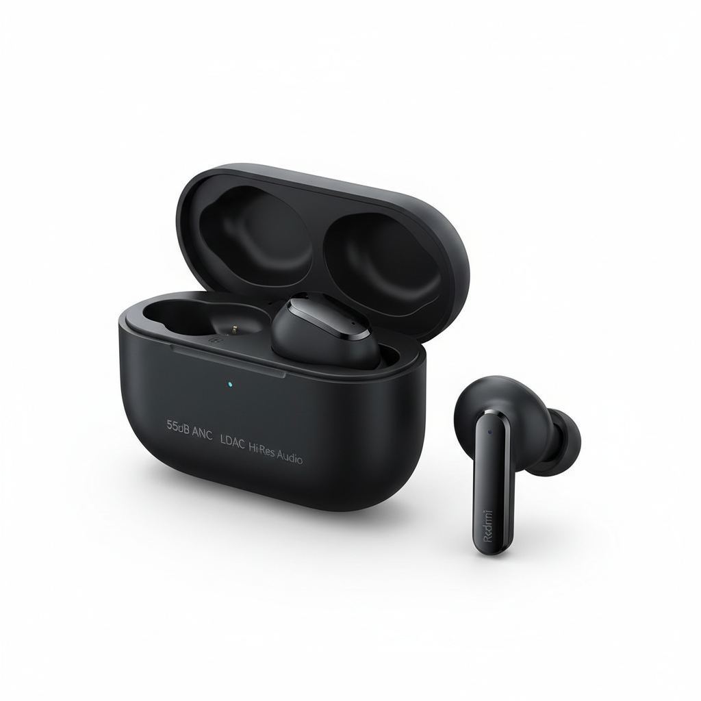 Xiaomi Redmi Buds 6 Pro em preto com LDAC e cancelamento de ruído 55dB - fotografia premium