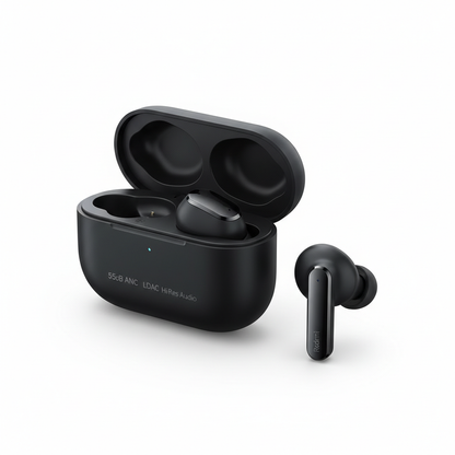 Xiaomi Redmi Buds 6 Pro em preto com LDAC e cancelamento de ruído 55dB - fotografia premium