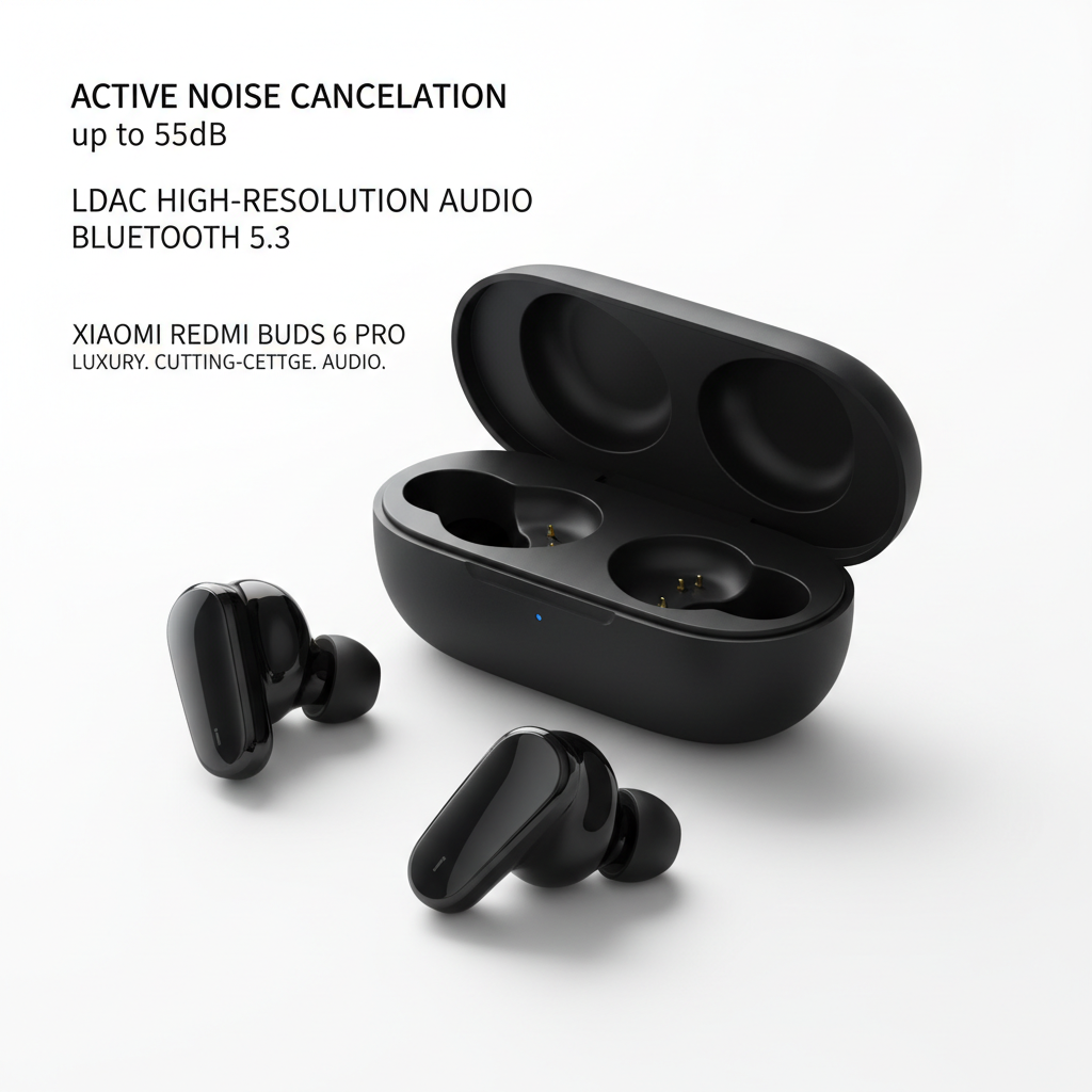 Xiaomi Redmi Buds 6 Pro em preto com cancelamento de ruído ativo LDAC - fotografia premium
