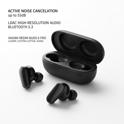 Xiaomi Redmi Buds 6 Pro em preto com cancelamento de ruído ativo LDAC - fotografia premium