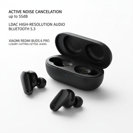 Xiaomi Redmi Buds 6 Pro em preto com cancelamento de ruído ativo LDAC - fotografia premium