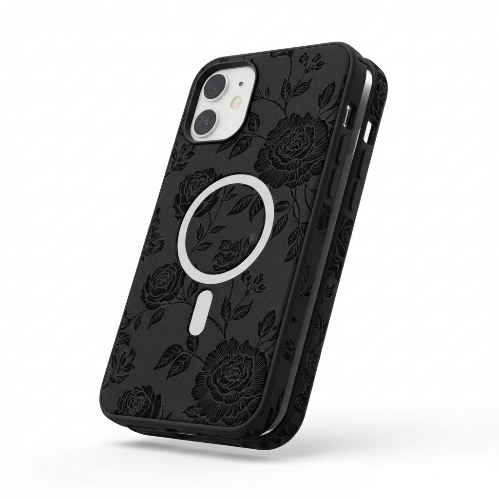 Capa magnética 2 em 1 preta padrão floral para iPhone 11 12 13 14 15 16 Pro Max MagSafe