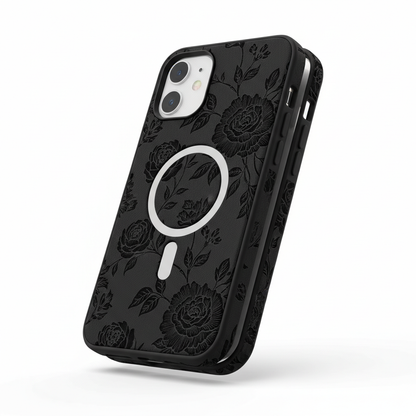Capa magnética 2 em 1 preta padrão floral para iPhone 11 12 13 14 15 16 Pro Max MagSafe