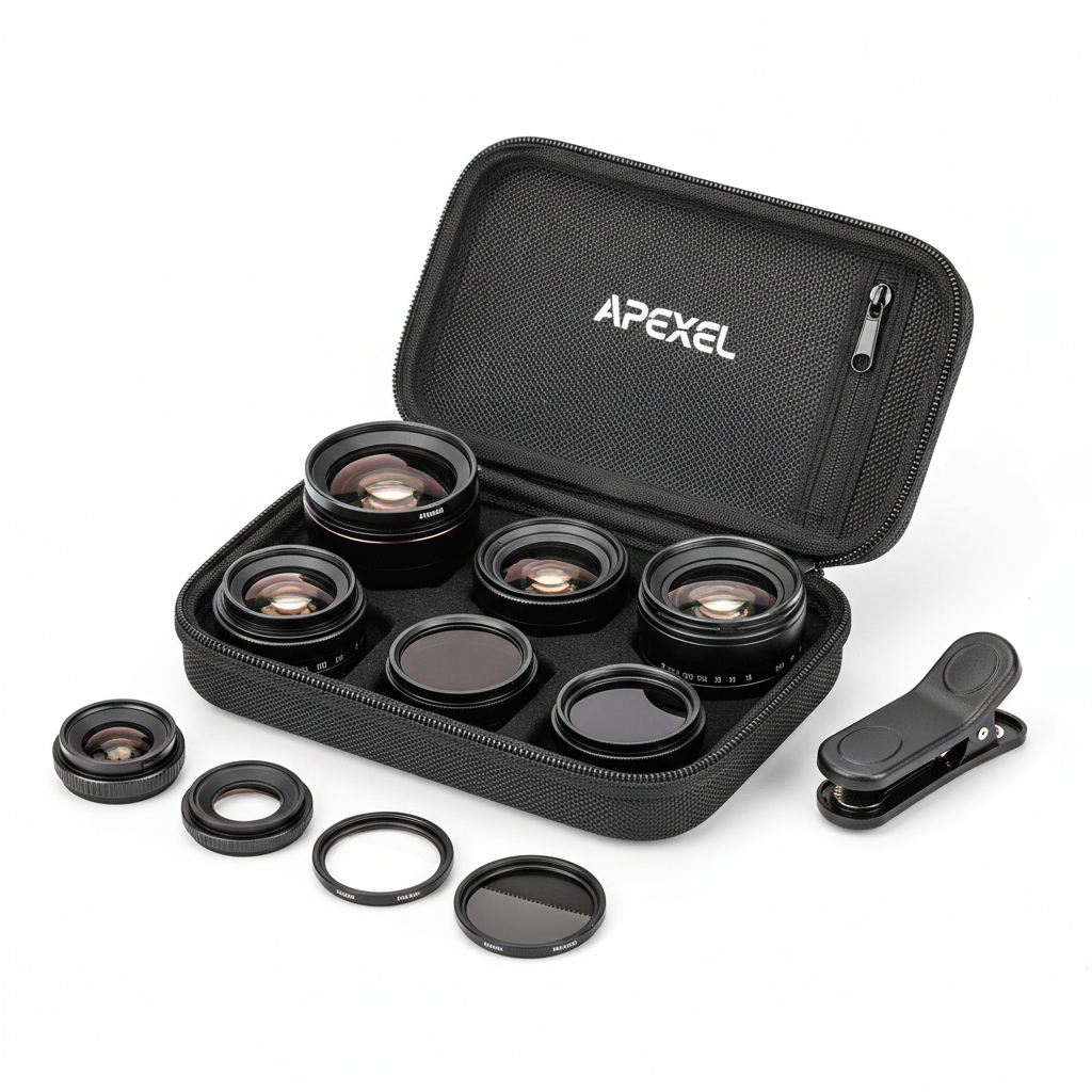 Kit Lentes Apexel 11 em 1 - Wide Fisheye Macro Filtros CPL ND Star iPhone Xiaomi